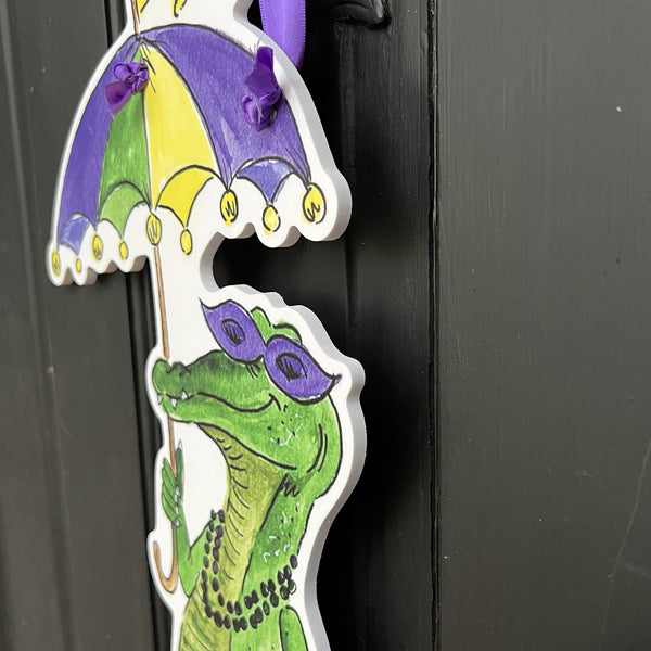 Mardi Gras Alligator door hanger, Mardi Gras door decor, Party Gator door decor, outlet Alligator door sign, Mardi Gras sign, Mardi Party Gator